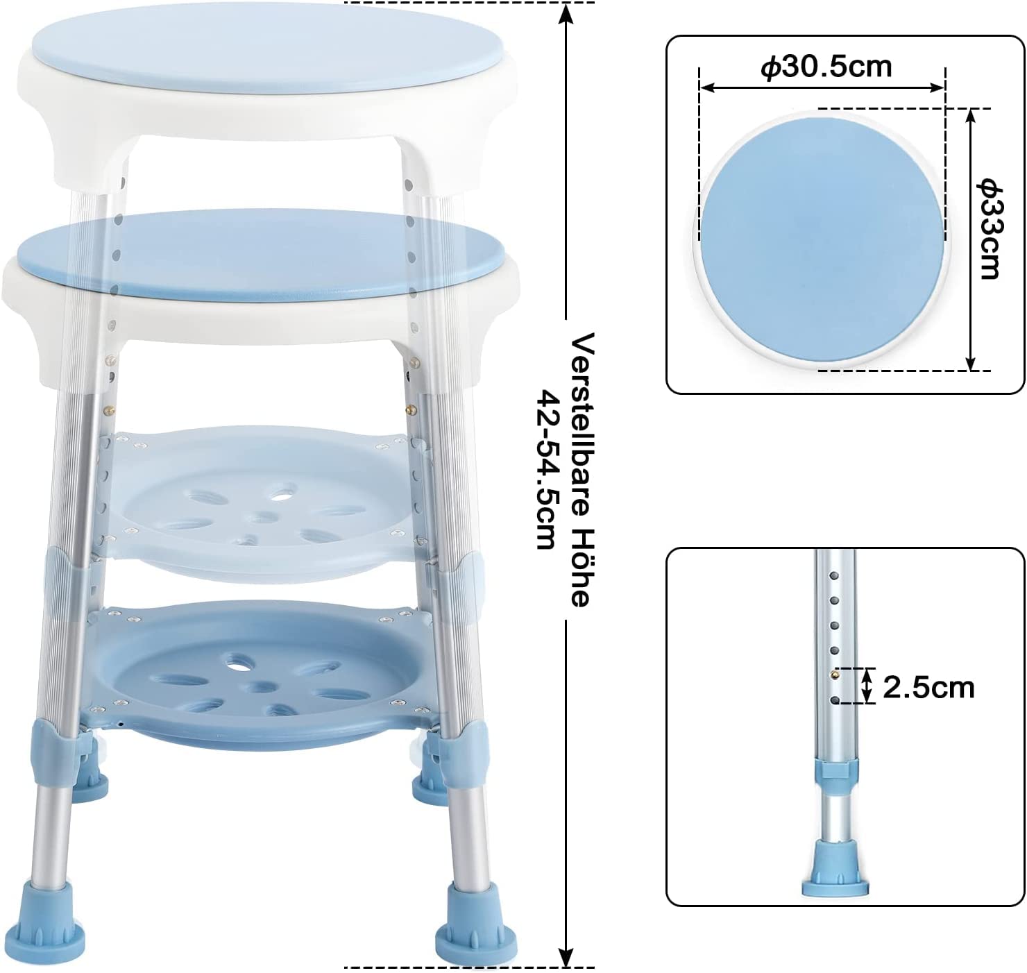 Taboret prysznicowy, krzesło prysznicowe dla seniorów, regulacja wysokości 42-54 cm, podwyższenie deski sedesowej, antypoślizgowe nóżki, siedzisko wanny, obracane o 360°, typ 8