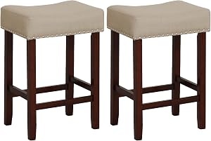 Giantex 25" Bar Stools Set of 2, Counter Height Backless Saddle Stools with Nailhead Linen Foam Seat, Footrest, Rubber Wood Barstools for Dining Room Kitchen Counter Island Pub