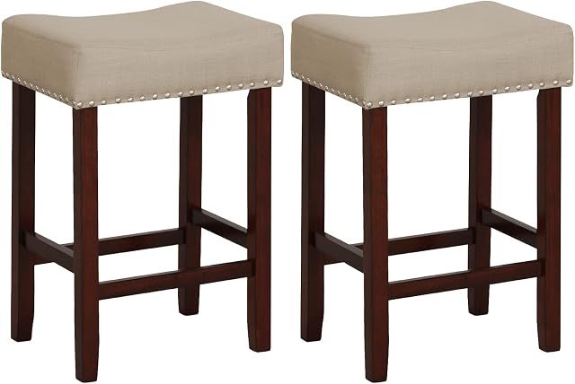 Giantex 25" Bar Stools Set of 2, Counter Height Backless Saddle Stools with Nailhead Linen Foam Seat, Footrest, Rubber Wood Barstools for Dining Room Kitchen Counter Island Pub