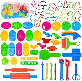 Kids Dough Play Tools Set - 57 Pack Playdough Cutters Kit with Storage Bag, Clay Accessories with Rolling Pins Dinosaur Food Shapes Modelling Cutter Toy Gift for Toddlers Children 2 3 4 5 6 Years Old