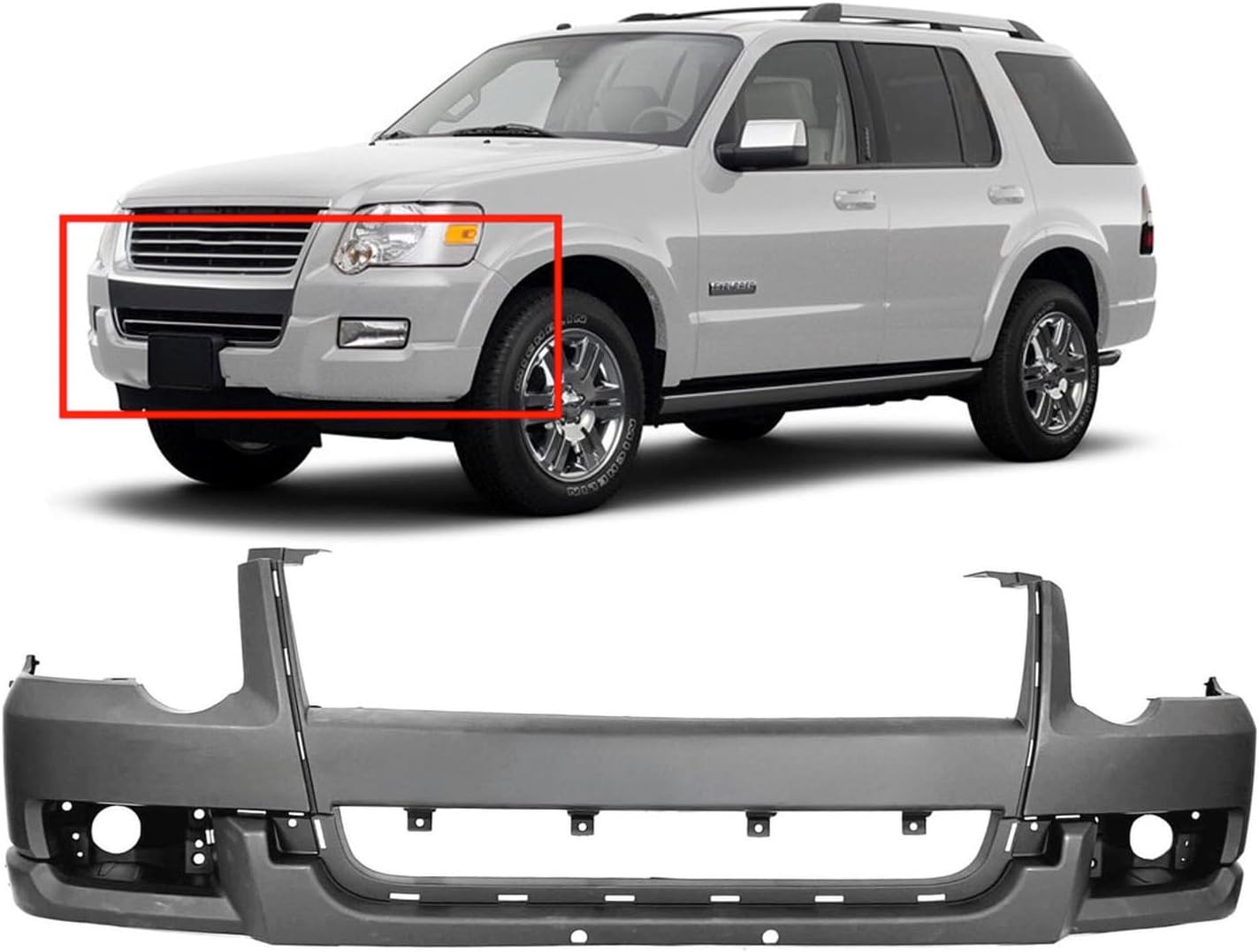FitParts Compatible with Ford Explorer 2006-2010 Front Bumper Cover. New, Primed. Without Park Assist Sensor Cut-out, Without tow hook hole, XLT FO1000600 7L2Z17D957RBPTM