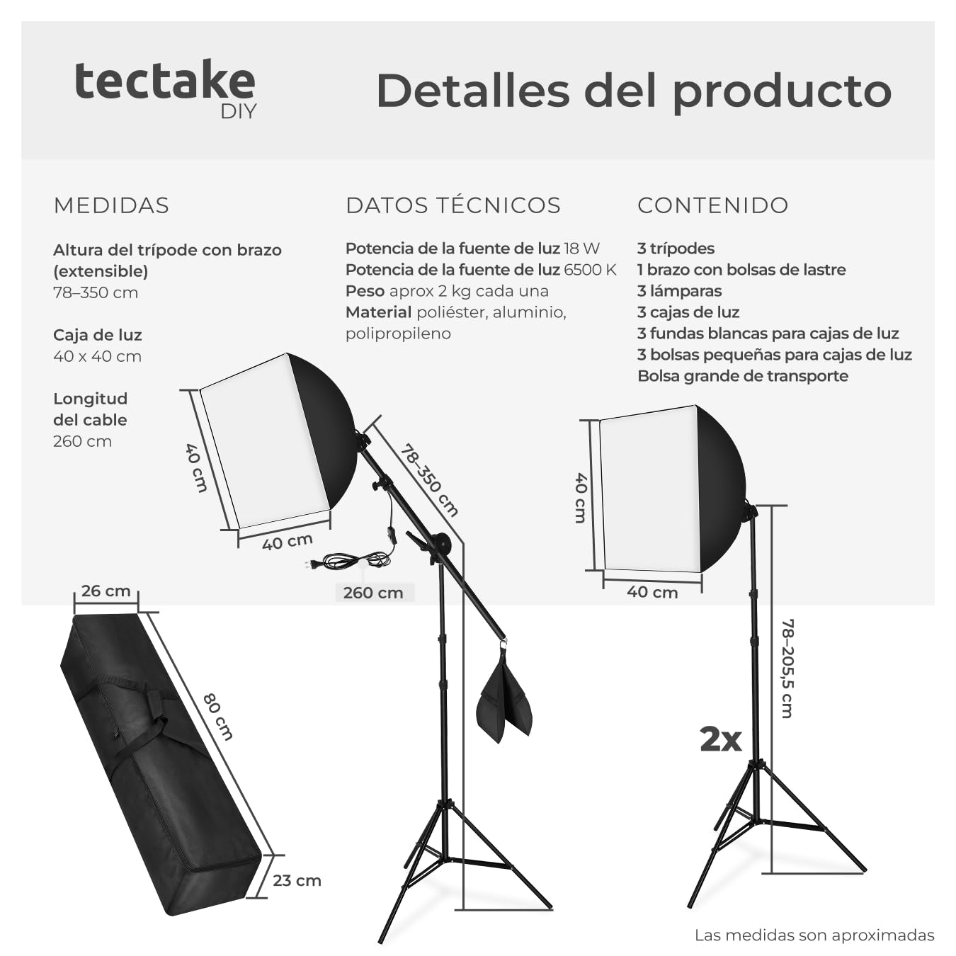 tectake® Kit iluminación Estudio fotográfico, Set de Softbox con Trípode, Iluminacion Fotografia, Foco Luz, Foco de Luz Fotografia, Accesorios para Video, Estructura de Aluminio - 3 Softboxes