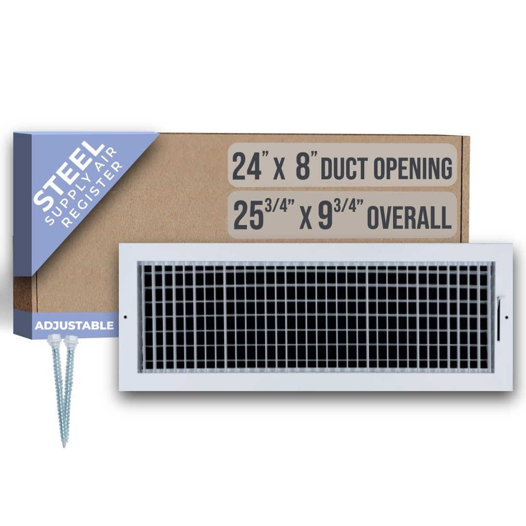 Handua 24"W x 8"H [Duct Opening Size] Steel Adjustable Air Supply Grille | Register Vent Cover Grill for Sidewall and Ceiling | White | Outer Dimensions: 25.75"W X 9.75"H for 24x8 Duct Opening