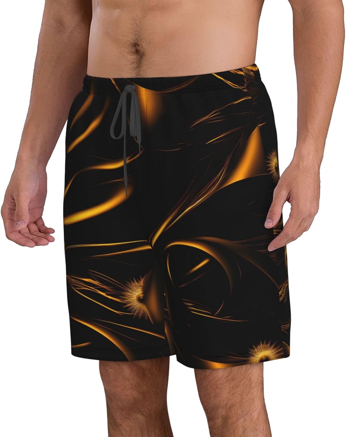 MyPiky Black and Gold Background Print Men's Swim Trunks Beach Shorts Elastic Waist Drawstring Summer Swimming Board Shorts