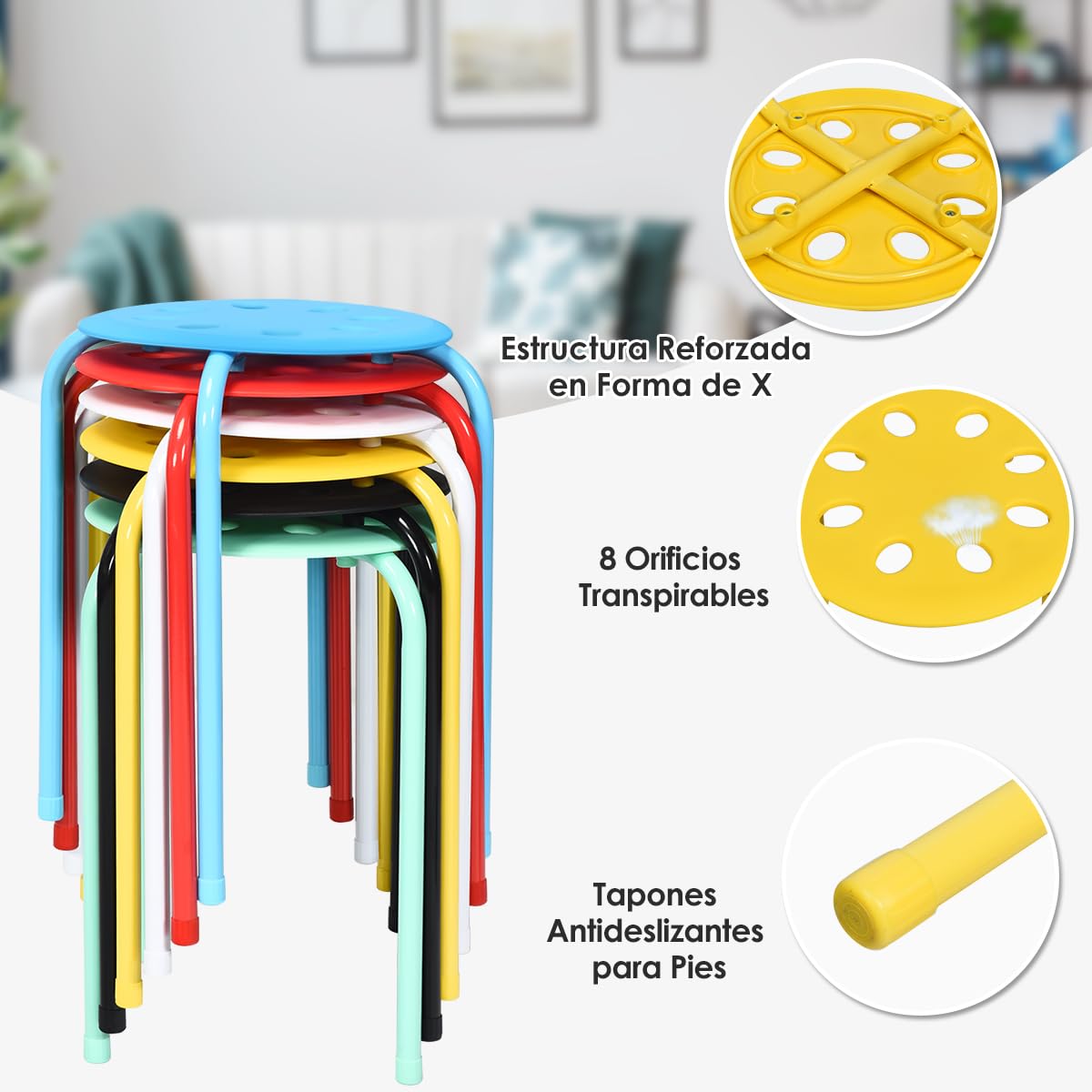 GOPLUS Juego de 6 Taburetes Apilables de Metal, Taburetes Redondons sin Respaldo con Asiento Plástico, Conjunto de Taburetes Portátile para Cocina Comedor Escuela Oficina, 37×37×44 cm (Multicolor)