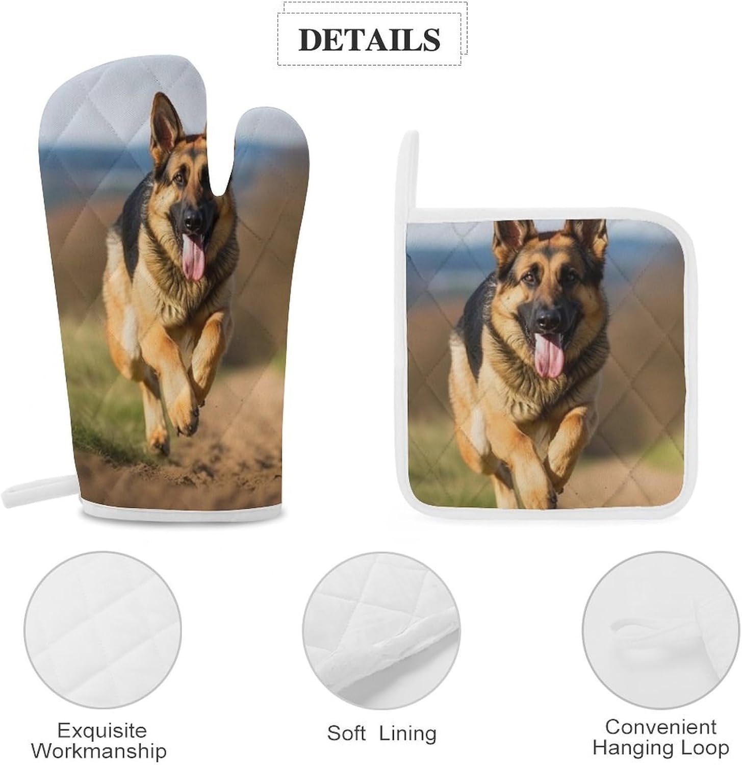 4-Piece Oven Mitts and Pot Holders Set Running German Shepherd Dog Printed Heat-Resistant Polyester Kitchen Gloves and Potholders Comfortable & Durable for Cooking Baking and Grilling