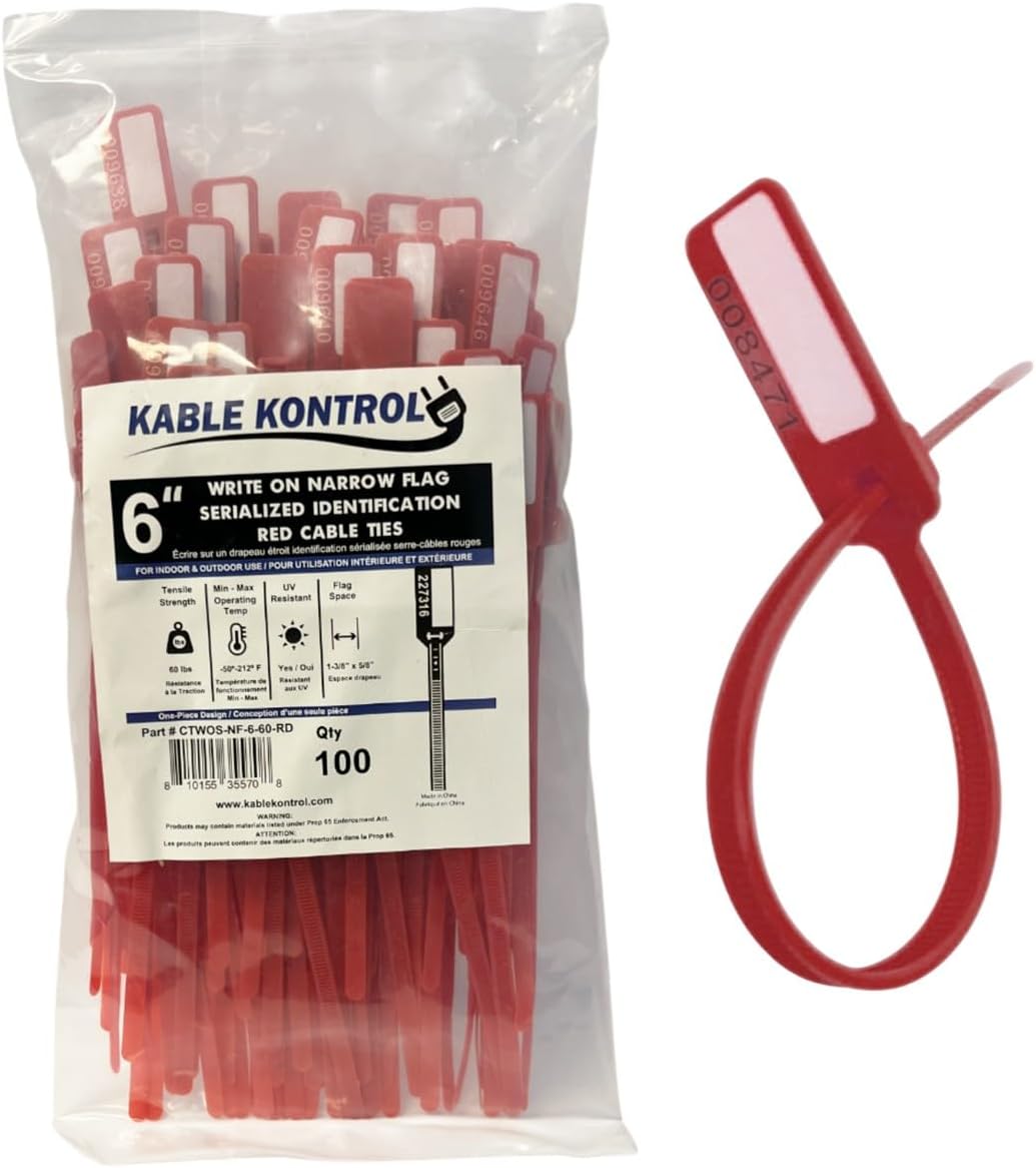 Kable Kontrol Serialized Write-On Narrow Flag Identification Zip Ties – 6 Inch Numbered Cable Ties with Writable ID Tags – 100 Pack Nylon Self-Locking Wire Marker Labels & Tie Straps – Blue