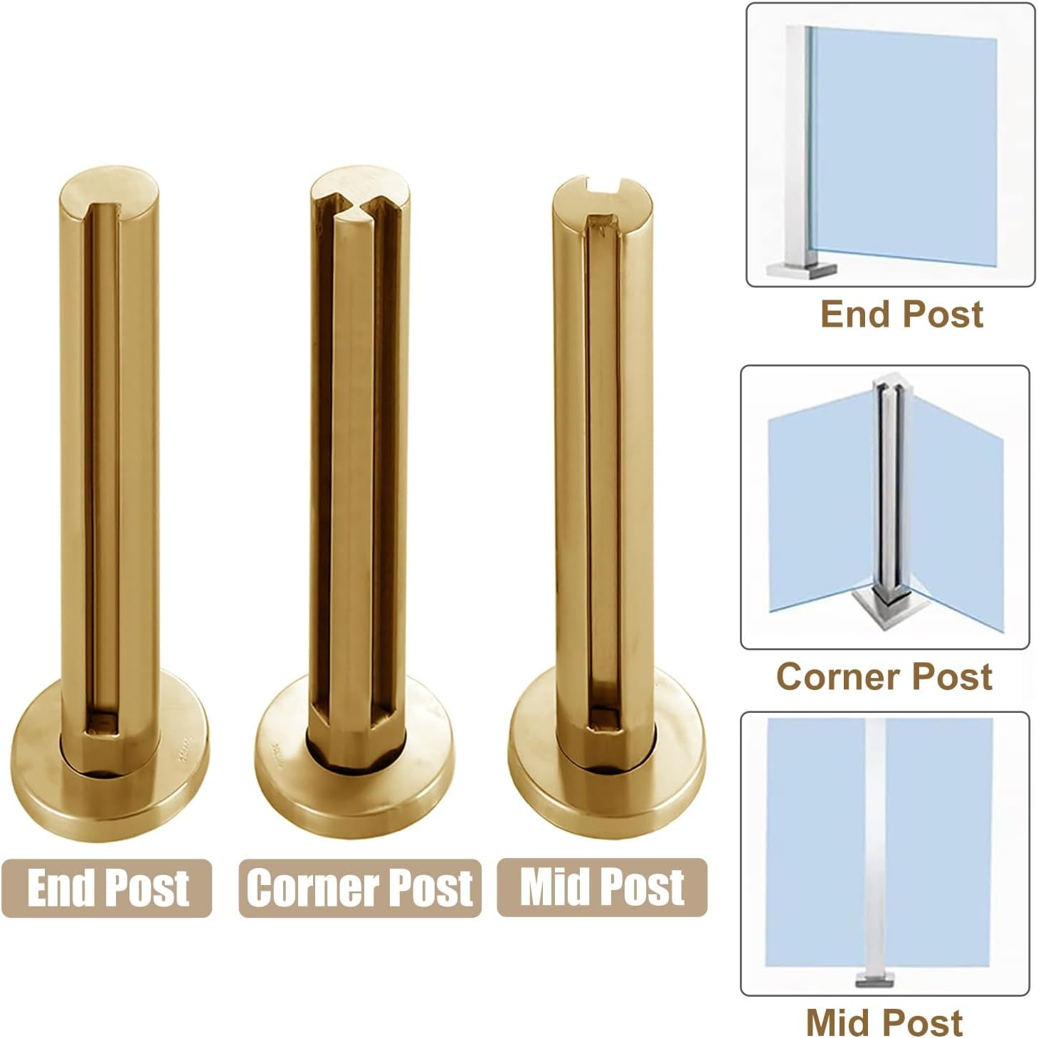 Gold Metal Glass Railing Fence Post Balcony Balustrade with Custom Glass Panels for Deck Stairs Platform Porch Round Pipe Clamp Design