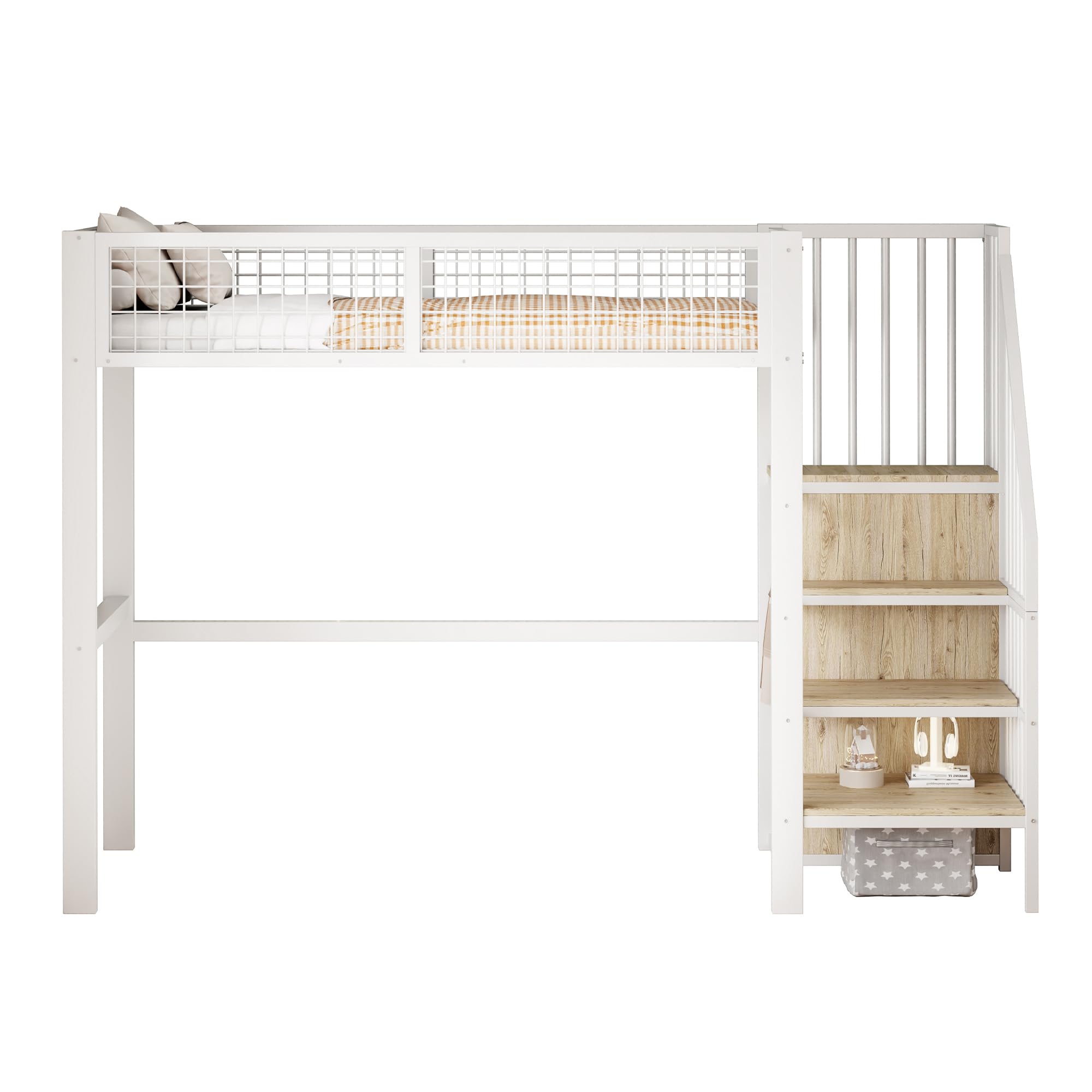 Hochbett 90x200 cm mit Schrank und Stauraum, Metallbett mit Treppe, Ablageflächen und integriertem Regal, Etagenbett für Kinder, Jugendliche und Erwachsene, Weiß