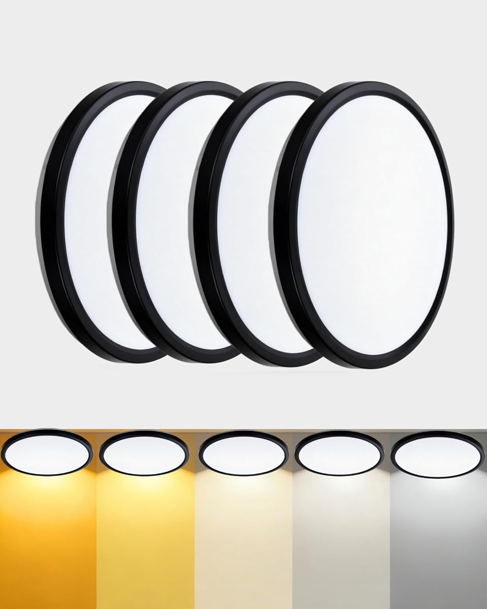 LEDYOND Lámpara de techo LED ultrafina de 11 pulgadas, paquete de 4, color negro, 5 CCT 1100 LM regulable | 10~100% atenuación suave 3000-6500K, accesorios de iluminación de techo LED sellados para sala de estar cocina dormitorio, ETL 13,7 W/80W Equiv