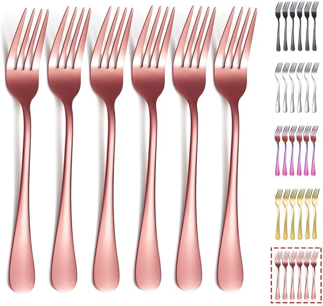 Kyraton Rose Gold Dinner Fork 6 Pieces, Stainless Steel 20.5cm Forks Rose Gold Titanium Plating Silverware, Copper Forks Set of 6