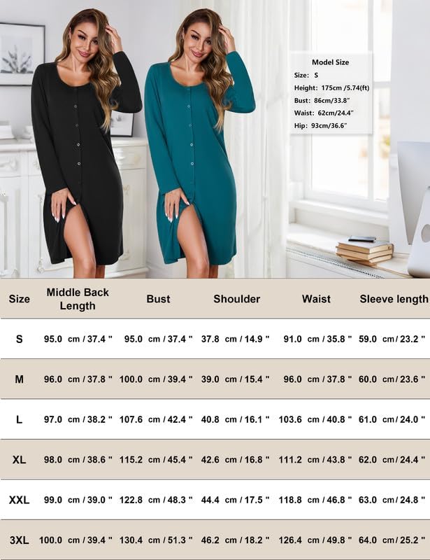 Marvmys Women's Nightgown 2 Pack Long Sleeve Button Down Sleep Shirt Nightshirt V-Neck Sleepwear Pajama Dress S-3XL - Image 6
