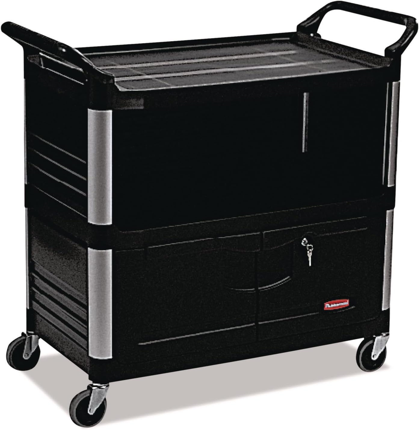 Rubbermaid Commercial Products Service/Utility Cart Lockable Doors Sliding Drawer 200 lb. Capacity Black for Warehouse/Garage/Cleaning/Maintenance
