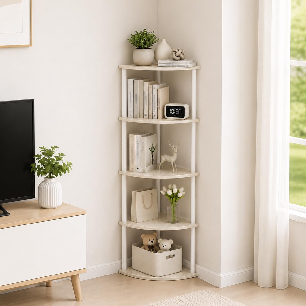 Infant Shining Corner Shelf, Freestanding Corner Display Rack, Space‑Saving Bookshelf Storage Unit, Multi‑Purpose Storage Shelving for Living Room Bedroom Home Office, Brown (5-Tier-White)