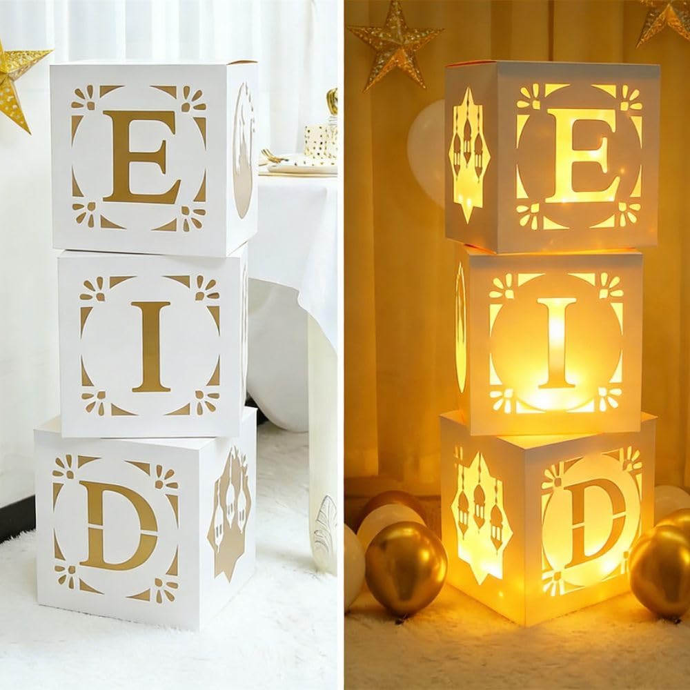 Eid Mubarak Decorations Boxes, 3Pcs White Mubarak Eid Hollow Boxes with String Lights, DIY Eid Box Printed with Eid Elements Moon and Star, Eid Decorations for Home Umrah Mubarak Party Decor