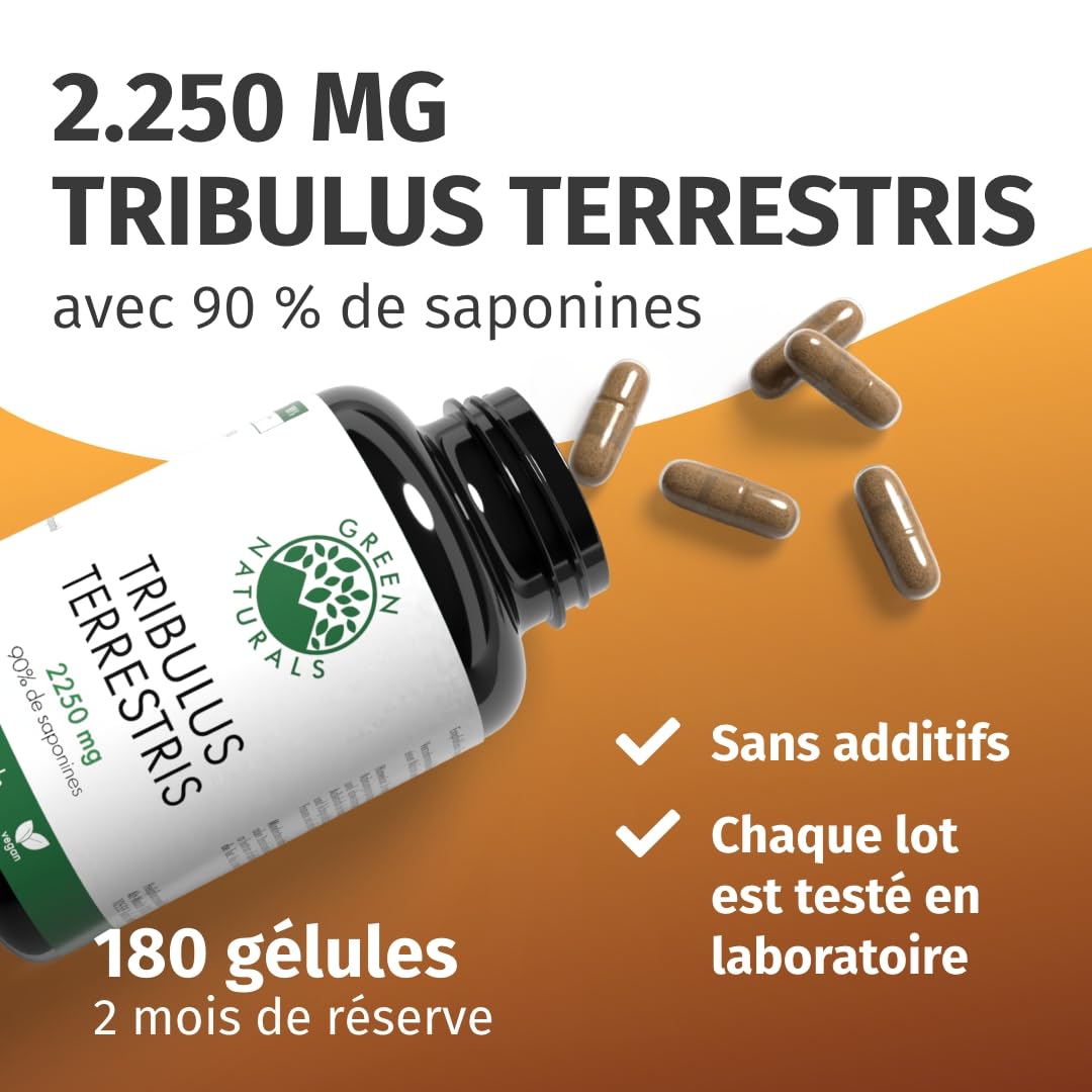 Green Naturals® Tribulus Terrestris – Hautement dosé 2 250 mg avec 90% de saponines – Qualité allemande – Cure 2 mois – 180 gélules | 10:1 par dose journalière · 90 % de saponines · 180 gélules · Stock de 2 mois · Testé en laboratoire