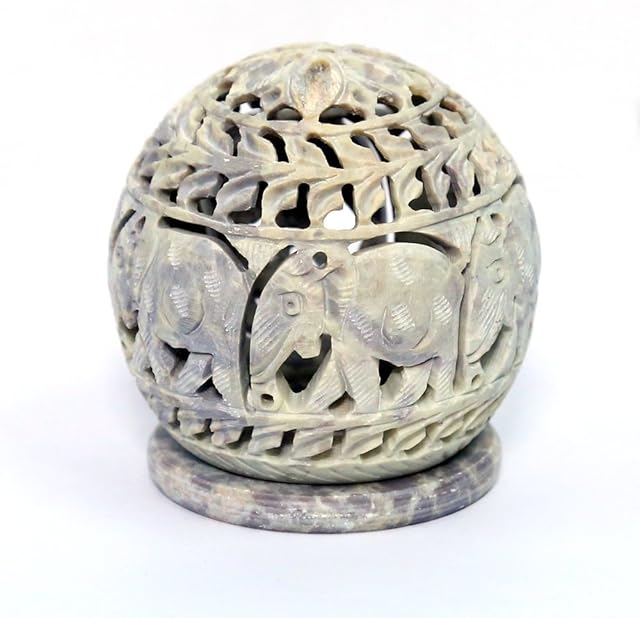 Stylla London® Soapstone Votive Tealight holderwith Elephant Figures and Tendrils Carved on the Side and a Rosette on the Top 4 x 35 Inches