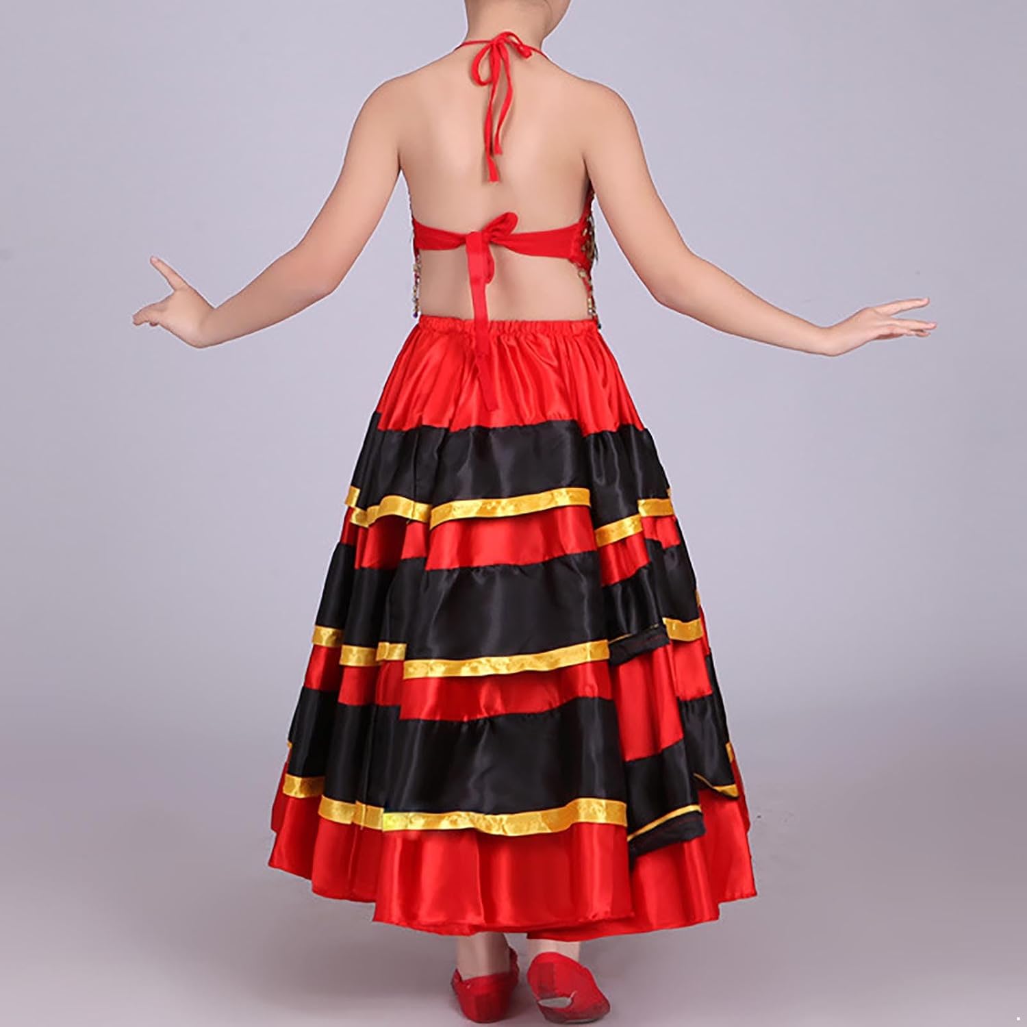 Kids Girls Spanish Flamenco Bull Dance Skirt Belly Dance Costume Red Black Color Block Tiered Long Skirts