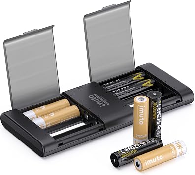 imuto AA Rechargeable Batteries with Lithium & NiMH Dual-Compatible Charger | Includes 4 lithium and 4 NiMH AA batteries, ultra-slim Smart Fast charger, travel-ready design, home electronics use