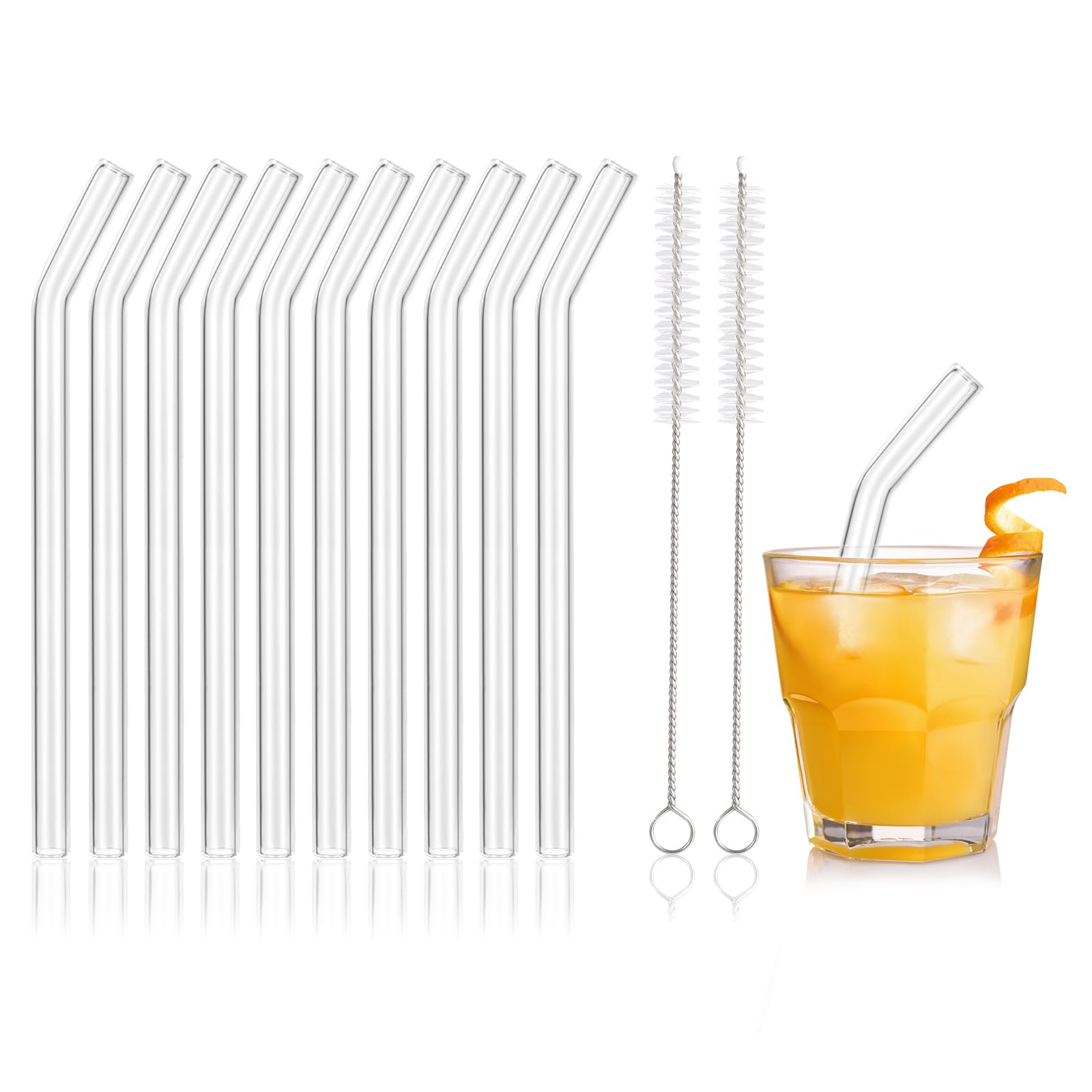 Photo 1 of [10 Pcs] Reusable Short Bent Glass Straws - 6" x 10 mm Clear Glass Straws Shatter Resistant Cocktail Straw With 2 Cleaning Brushes for Whiskey,Coffee,Juice,Soda Drinks