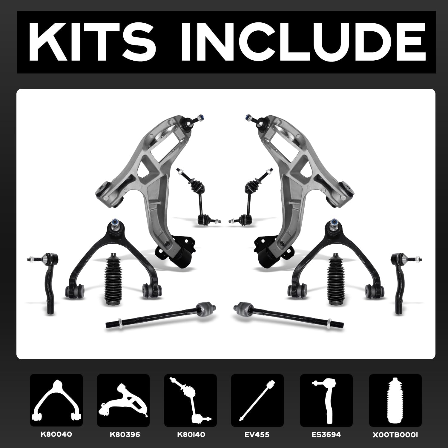 POWERGEAR Suspension Steering Kit Front Upper Lower L&R Control Arm w/Ball Joints Inner Tie Rods Sway Bar Links Boot Compatible with 2003-2011 Ford Crown Victoria Mercury Grand Marquis K80395 12PCS