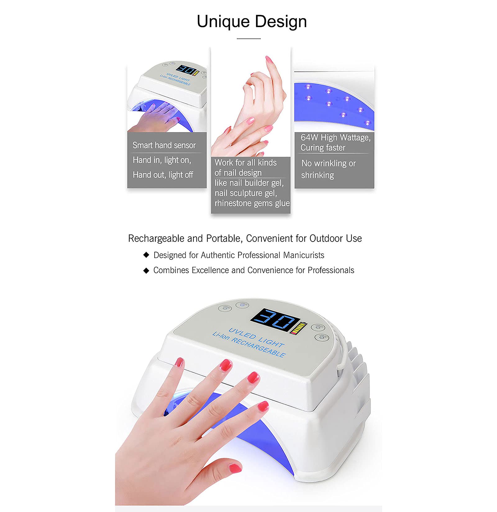 Lámpara de Uñas LED Inalámbrica Profesional de Alto Rendimiento Recargable de 64 W Luz de Curado de Uñas de Gel UV LED Herramienta de Arte de Uñas