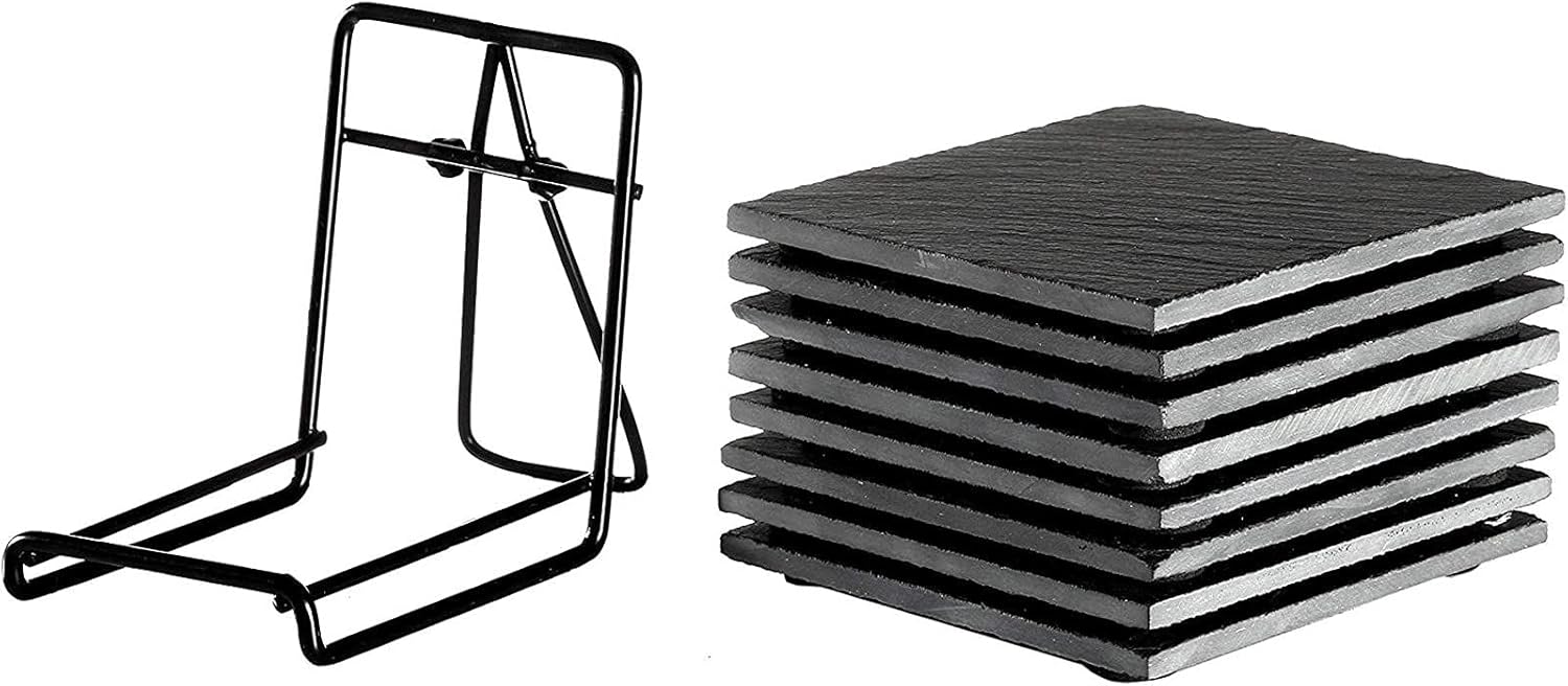 Juvale Square Black Slate Coasters Set - Coffee Table Protection & Decor - Smooth Edge Absorbent Slate Drink Coasters - Holder Included - 4 x 4 Inches, Pack of 8 - Image 6