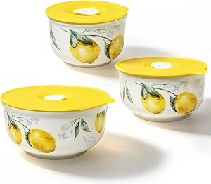 Ceramic Mixing Bowls with Lids Set of 3, Small Salad Bowls with Lids, Lemon Serving Bowls with Lids for Kitchen Storage, Mixing Bowl Set for Meal Prep & Baking, Nesting Bowls Set, Gift for Women