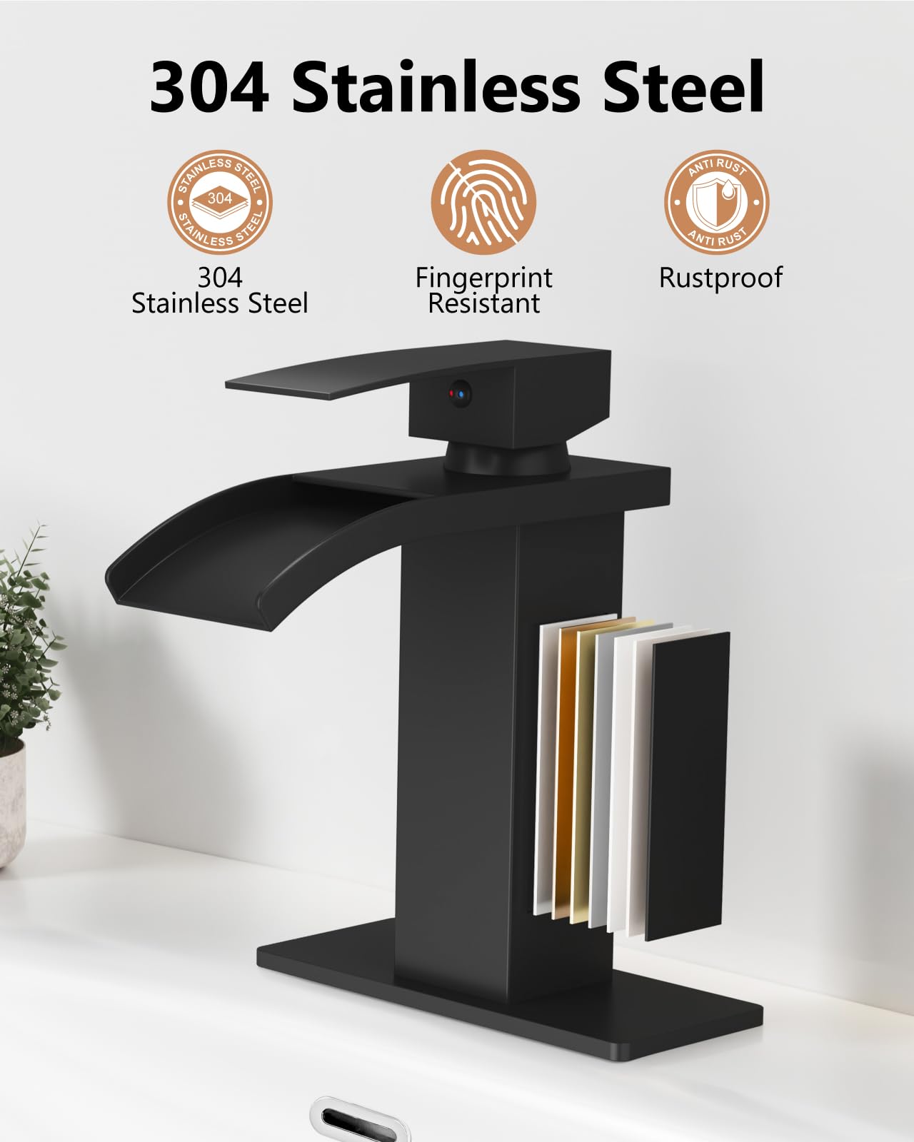 Waterfall Bathroom Faucet for 1 Hole Single Handle Vanity Bathroom Sink Faucet with Deck Plate Pop-up Drain Supply — view 4