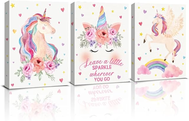 KAIRNE Unicorn Canvas Wall Art Print Framed, Inspirational Quotes Unicorns Rainbow Art Poster for Girls Bedroom Nursery Decoration, Set of 3 11.8 X15.6inch Ready To Hang Unicorn Art Prints