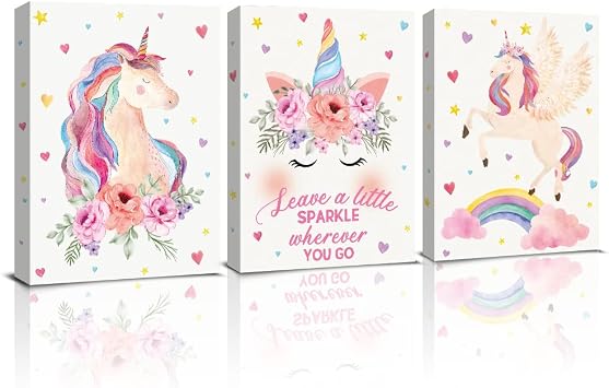 KAIRNE Unicorn Canvas Wall Art Print Framed, Inspirational Quotes Unicorns Rainbow Art Poster for Girls Bedroom Nursery Decoration, Set of 3 11.8 X15.6inch Ready To Hang Unicorn Art Prints