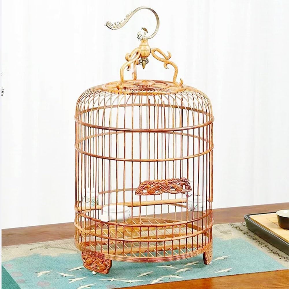 Przenośna klatka dla papug Drewniana klatka dla ptaków w stylu vintage z rzeźbionymi wzorami, metalowy haczyk, wiszący, oddychający, przenośny