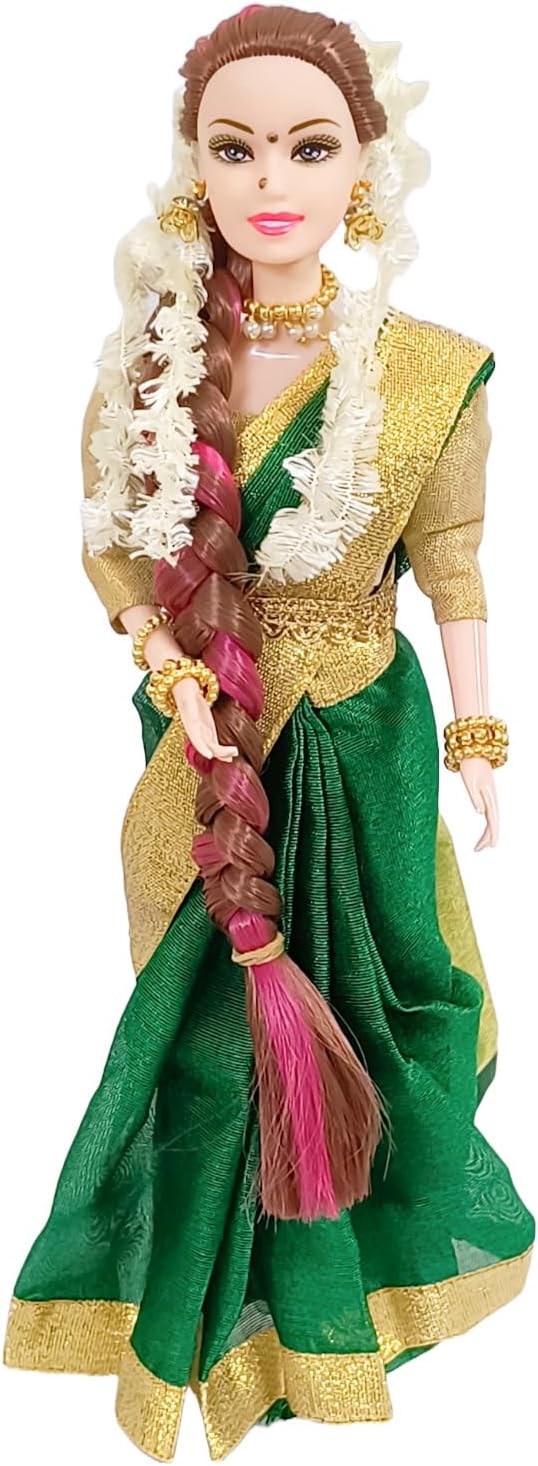 MAALONA- Exclusive toys Maalona | Geetha | Inspiring Cultural Play for Kids | Indian Doll in Saree with Flower Garland, Nose Pin, & Bangles | Fully Foldable (11.3 inch, Green & Gold)
