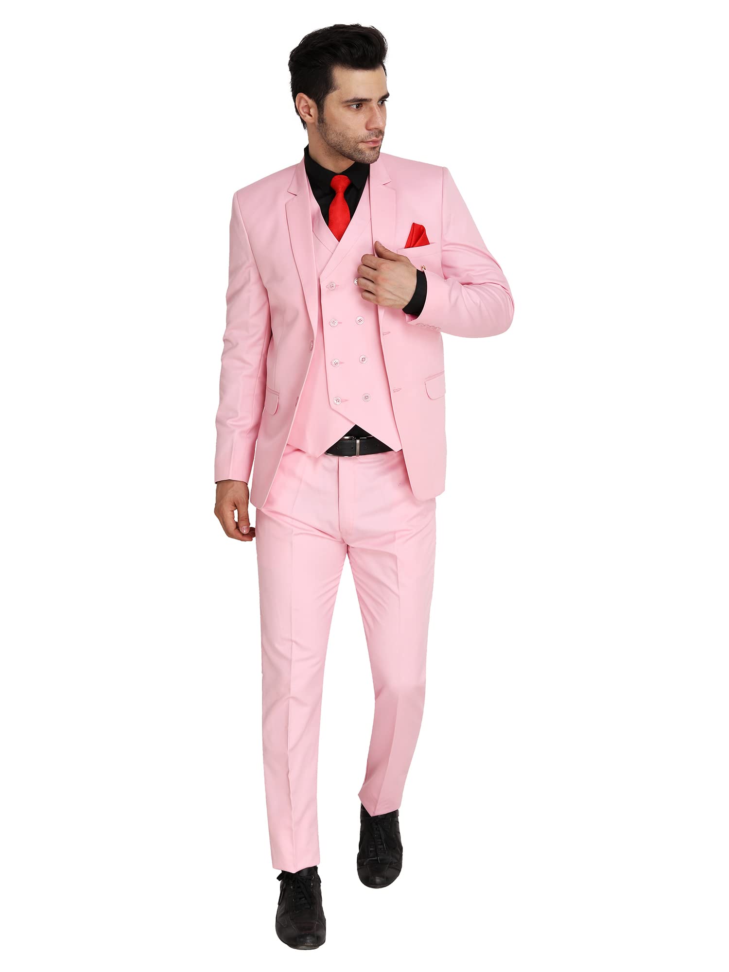 VYOM Enterprise Men's Slim Fit Tuxedo 3 Pieces Suit Set Notch Lapel Suit with Double Breasted Waistcoat Crocodile (34, Light Pink)-picture-51