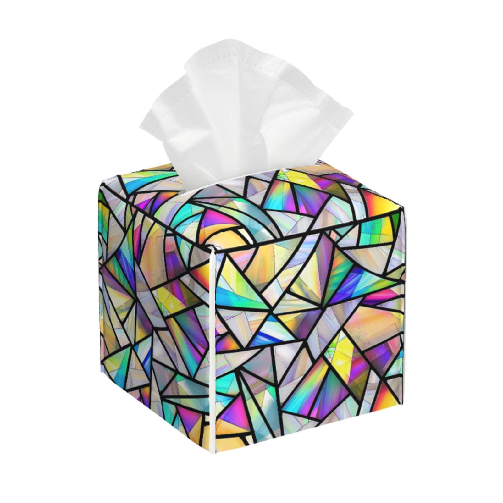 Tissue Box Cover Geometric Iridescent Triangles Pattern Square PU Leather Tissue Box Holder for Car Bathroom Bedroom Desk Tabletop Decor