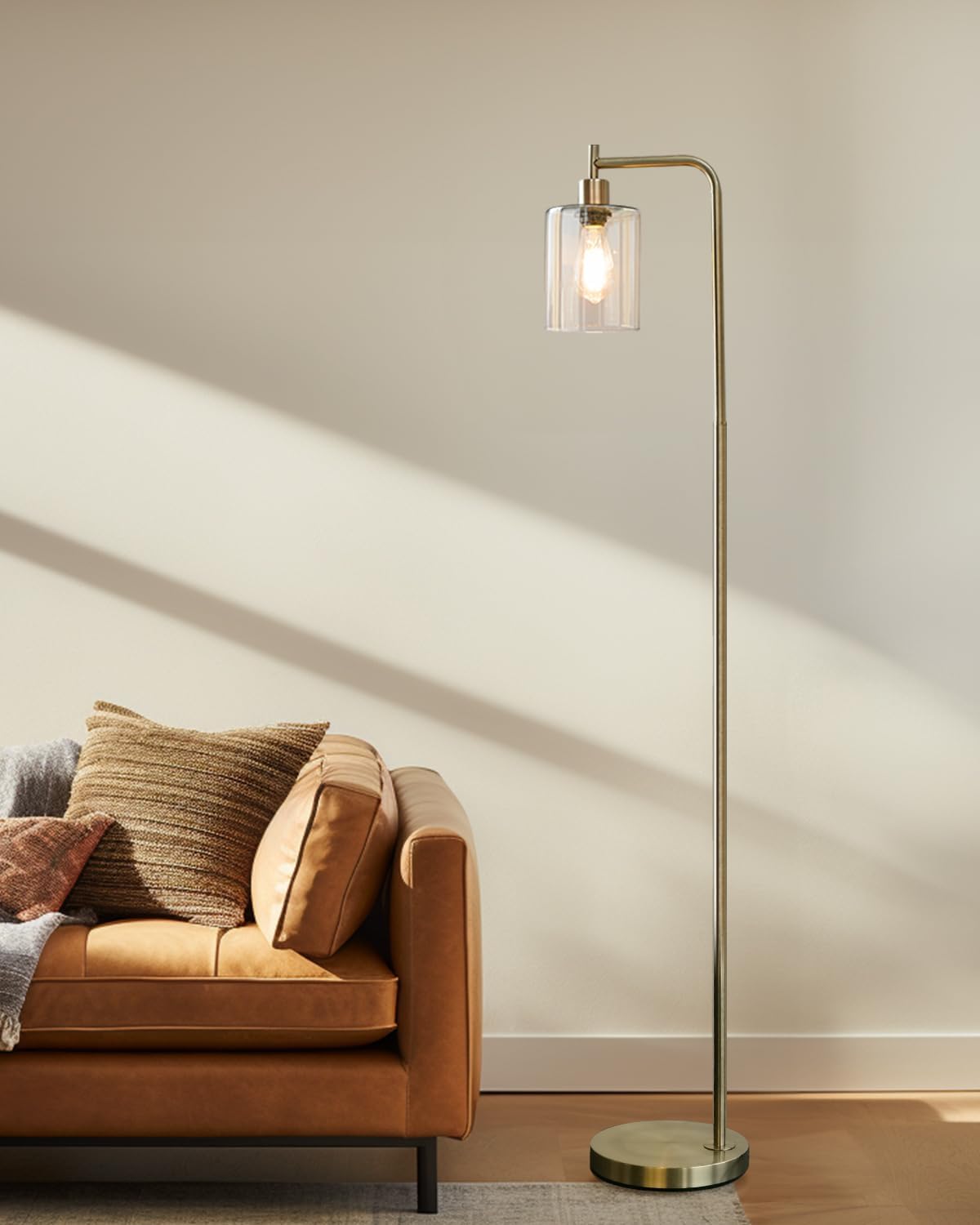 Oneach 66.5 '' Industrial Floor Lamp for Living Room Modern Standing Lamps with Hanging Clear Glass Shade Reading Tall Pole Lamp for Bedroom Office Study Room AB Antique Brass（Bulb Included）