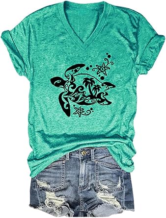 Women V Neck Sea Turtle T Shirt Short Sleeve Hawaiian Loose Beach Tee Tops