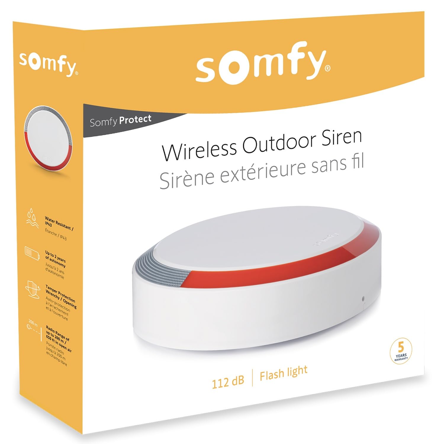 Somfy 2401491 - Sirena exterior alarma Somfy Protect, sin cables, con 112dB de potencia y lus LED, resistente a la lluvia