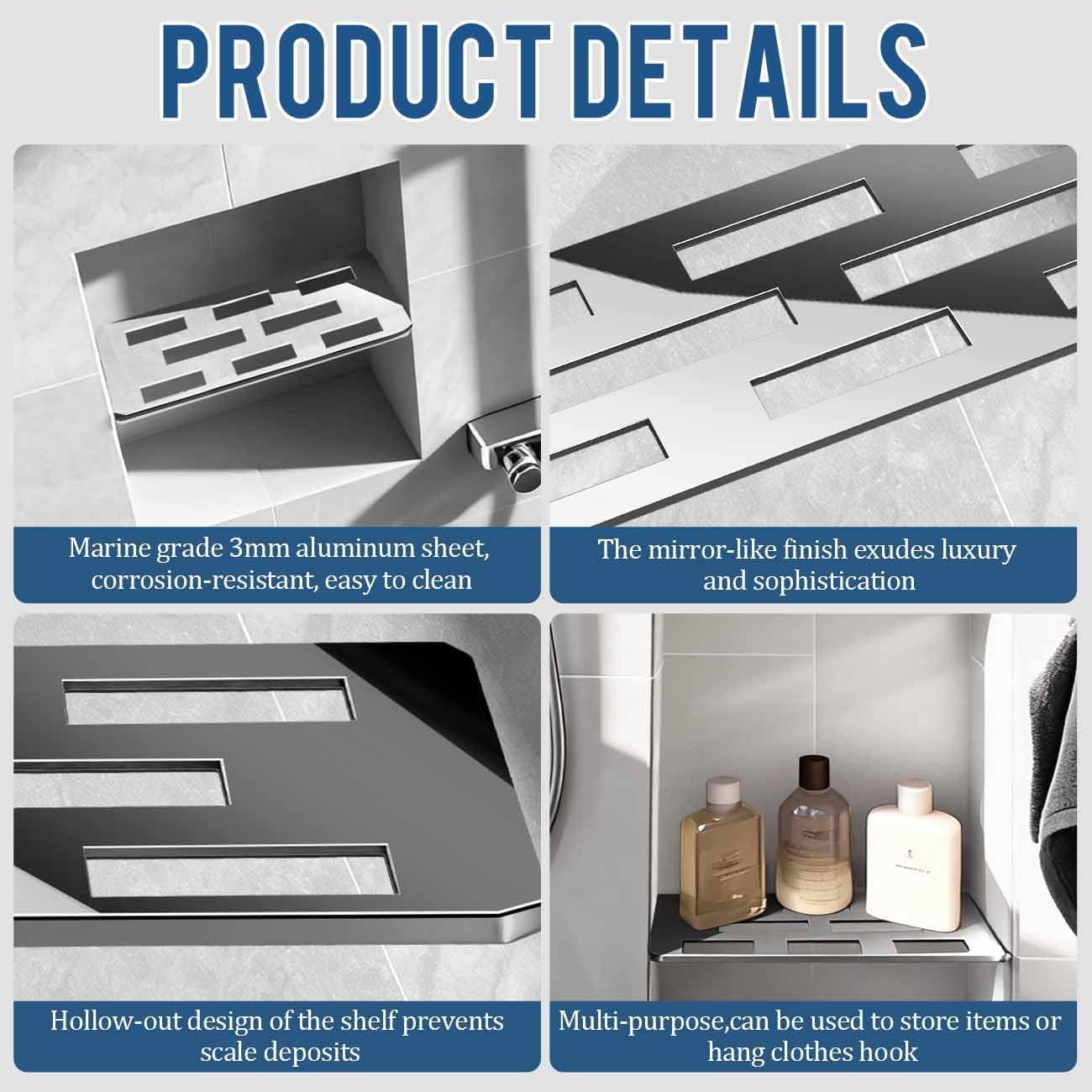 2 Pack Rectangular Shelf for 12 Inch Tile Prefabricated Niches, Shower Niche Shelf with Mirror Effect 316 Stainless Steel Finish, Fits 1/8 inch Grout Lines Shower Niche Insert