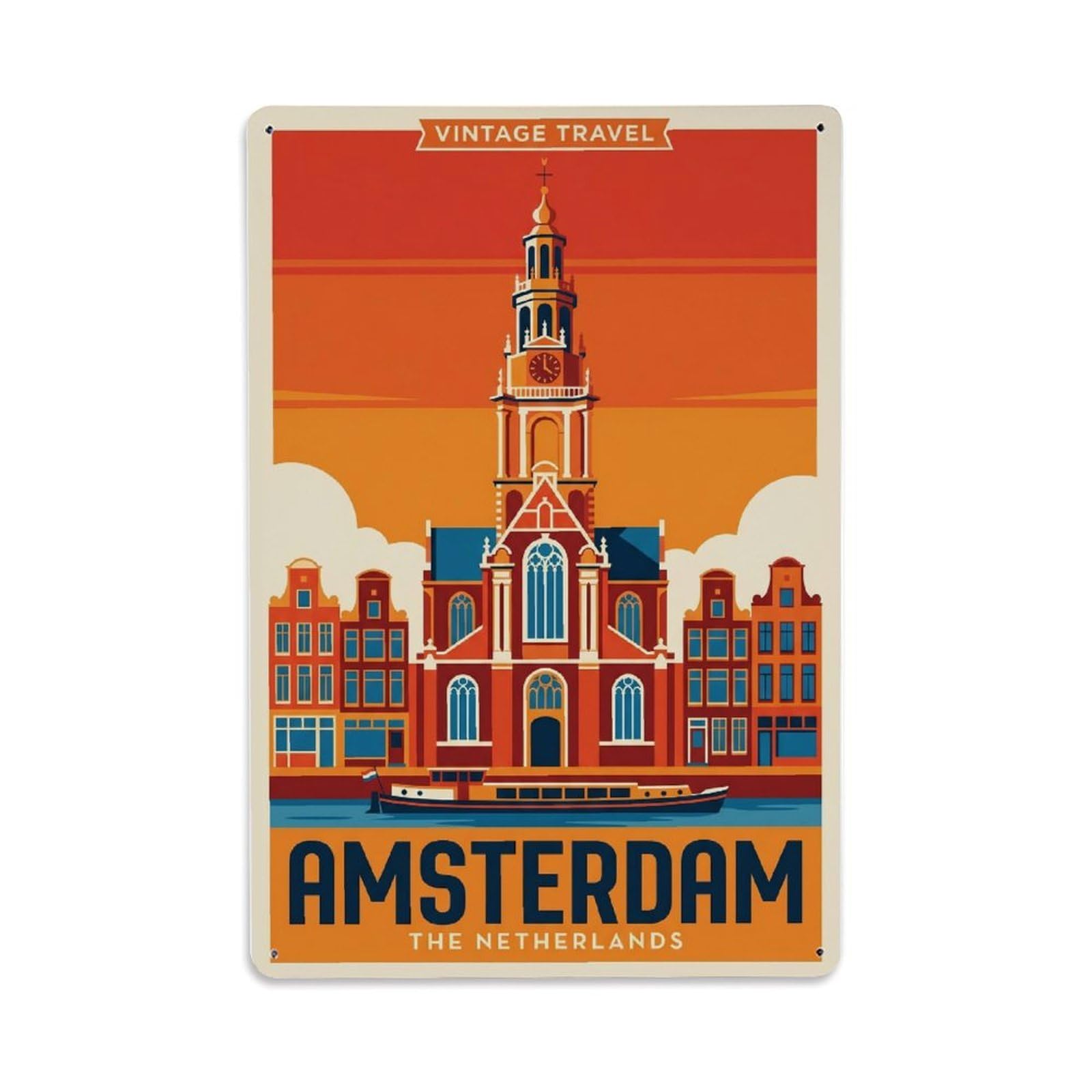 Vintage Travel Belltower Netherlands Church（1） Metal Tin Sign Plaque Wall Decor for Cafe, Club Bar, Office, Home Garden Metal Poster 8x12Inch