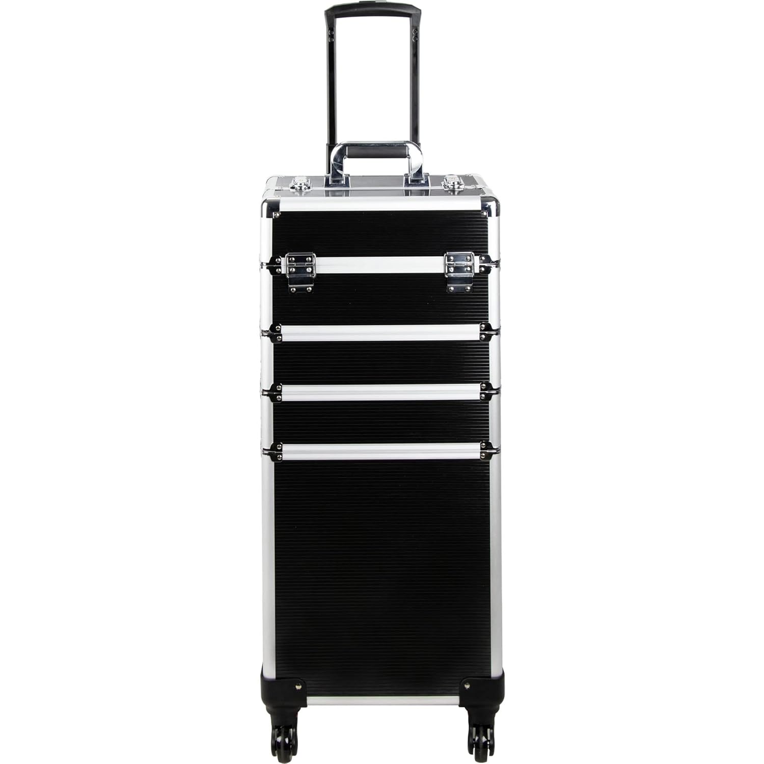 VER Beauty 4-in-1 Professional Makeup Travel Case (Black Matte) Aluminum Frame, Cosmetic Lockable Large Storage Portable Case, Keylock Security System, Salon Barber Case, 360° Rolling Wheel System