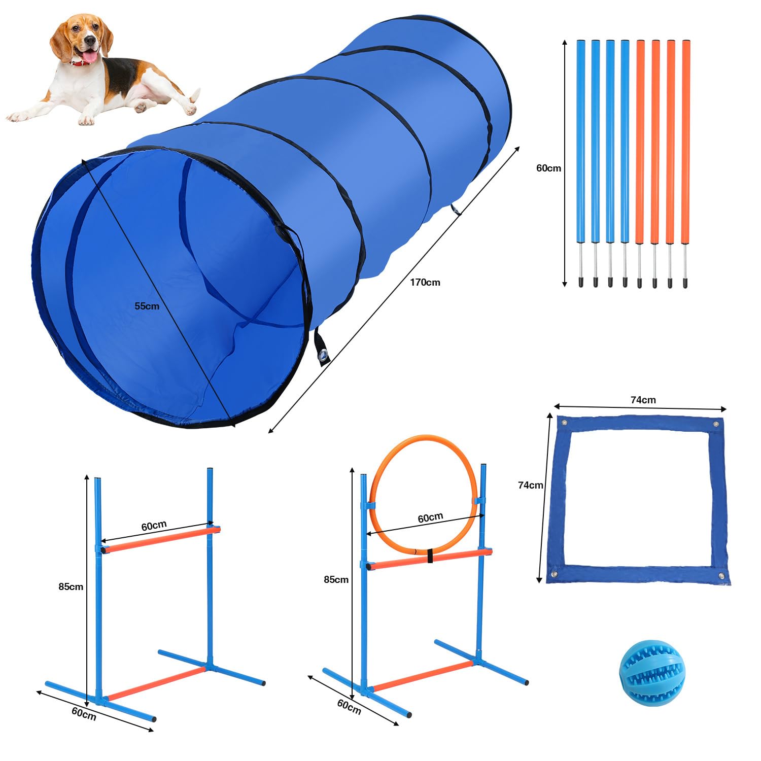 Agility Set Hunde, 5-teiliges Set Agility-Ausrüstung für Hunde, Slalom, Agility Hürde, Sprungring & Hundetunnel, 8 Slalomstangen, Ball, Pfeife, Tragetasche, Hundeparcour, Hundesport