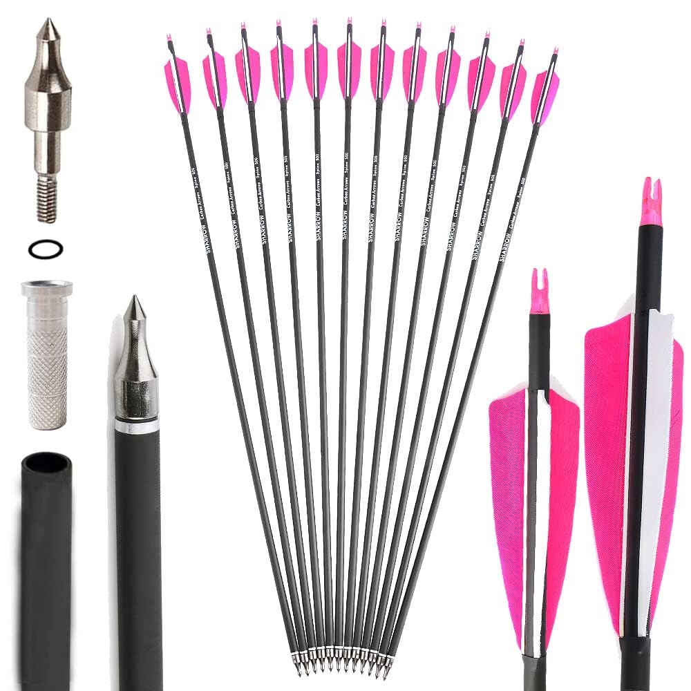 SHARROW 32 Inches Archery Carbon Arrows Spine 500 Archery Target Arrows Adult Hunting Arrows with 4" Nature Feathers for Compound Bow Recurve Bow Longbow Bow And Arrow For Hunting (Pink1, 12P)