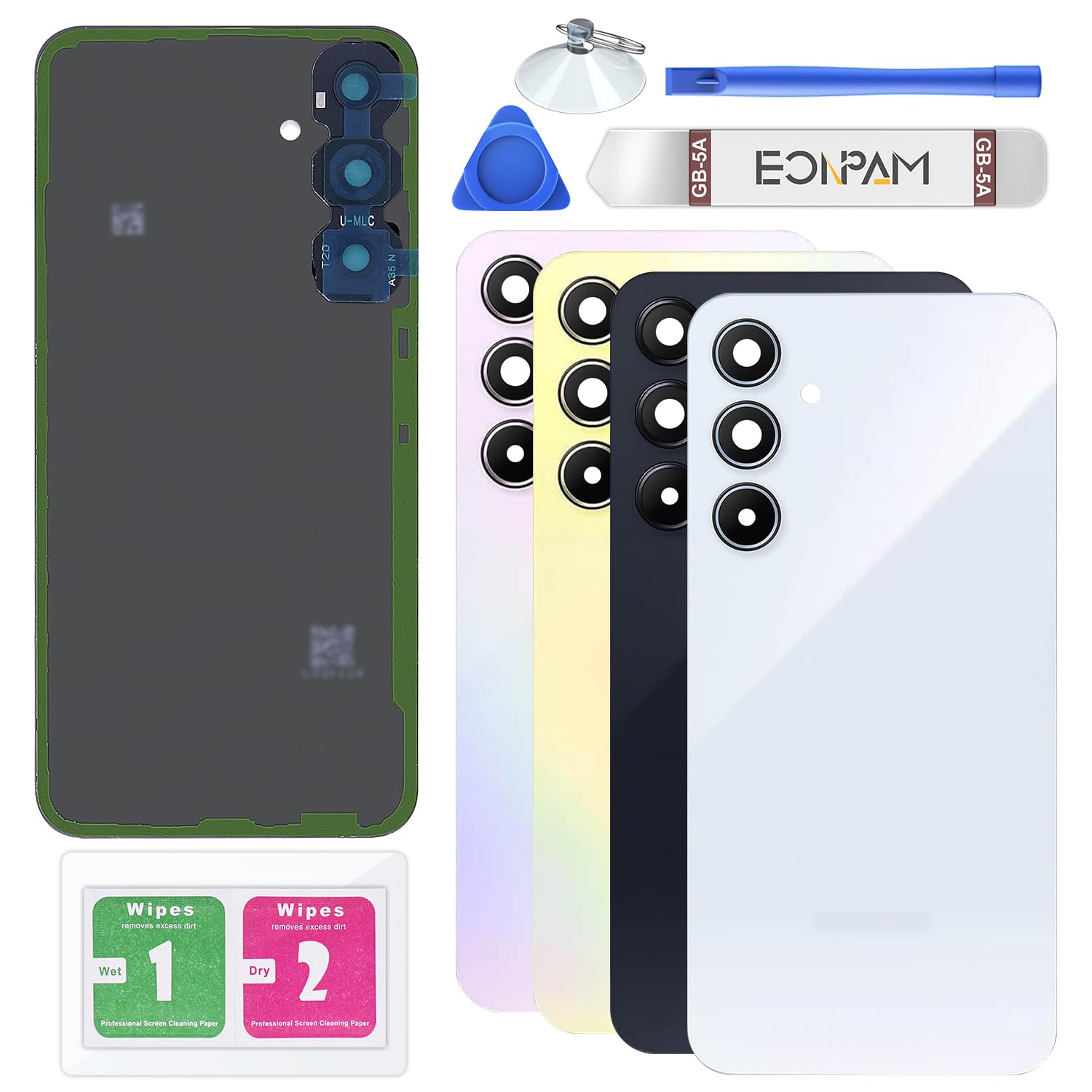 Eonpam Back Glass Replacement for Samsung Galaxy A35 SM-A356 Back Cover Rear Housing with Camera Lens + Repair Tool Kit Genuine Rear Glass (White)