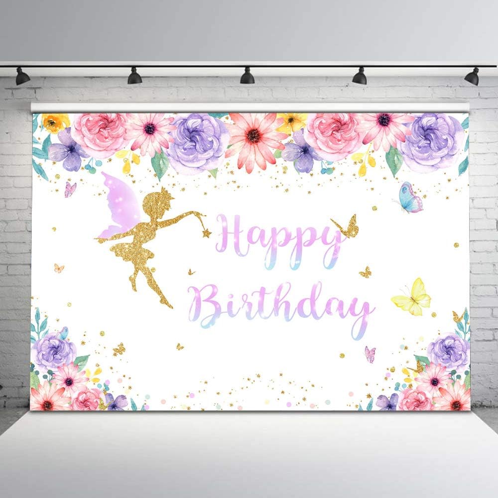 Avezano Pink and Lavender Floral Fairy Backdrop Butterfly Fairy Princess Flowers Girls Birthday Party Background 7x5ft Vinyl Wonderland Glimmer Pixie Party Birthday Decorations Backdrops