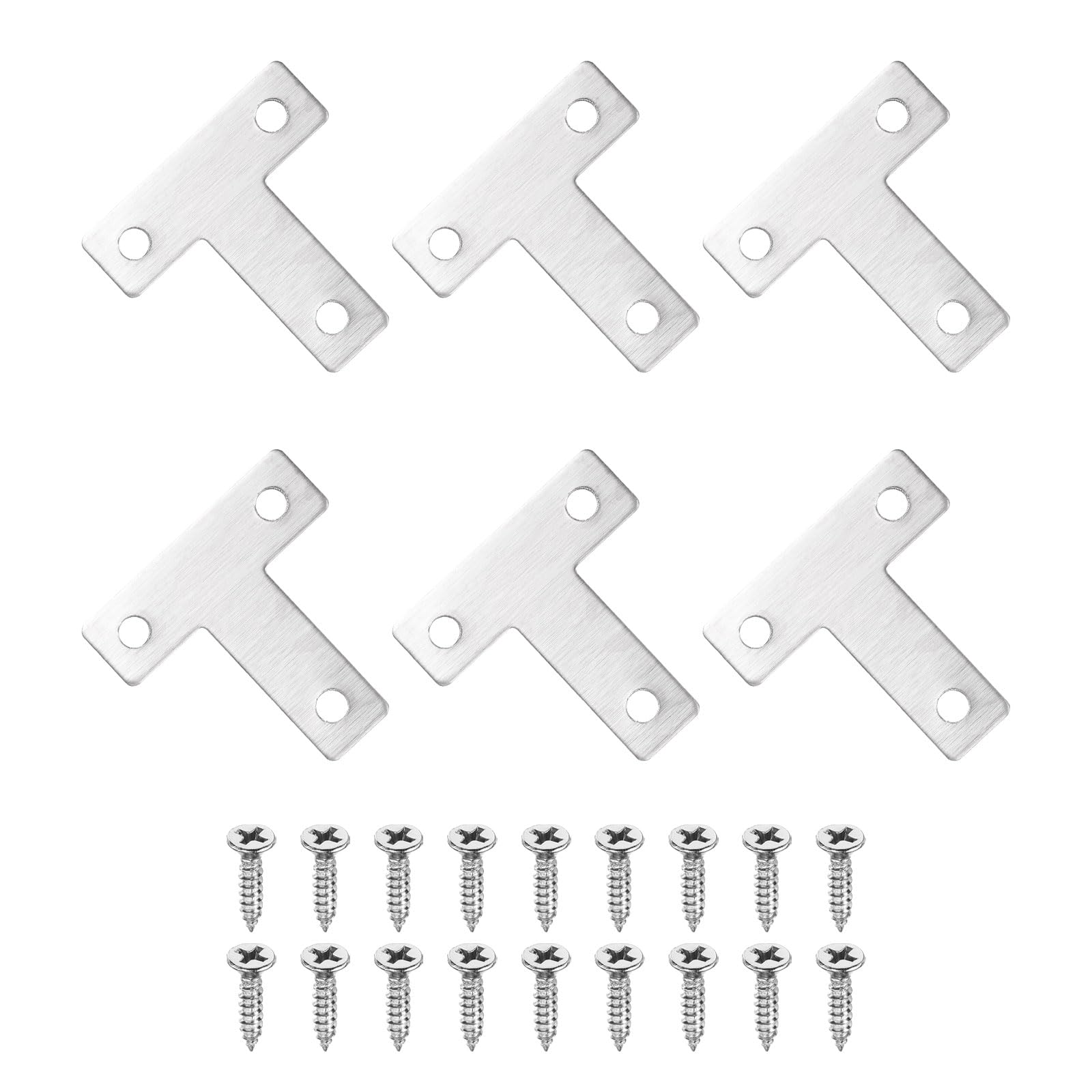 sourcing map 6Pcs t Shape Flat Bracket, 1.57" x 1.57" Metal Flat Corner Bracket Right Angle Corner Brace Mending Plate with Screws for Wood Frame Furniture Fixing Joining, Silver