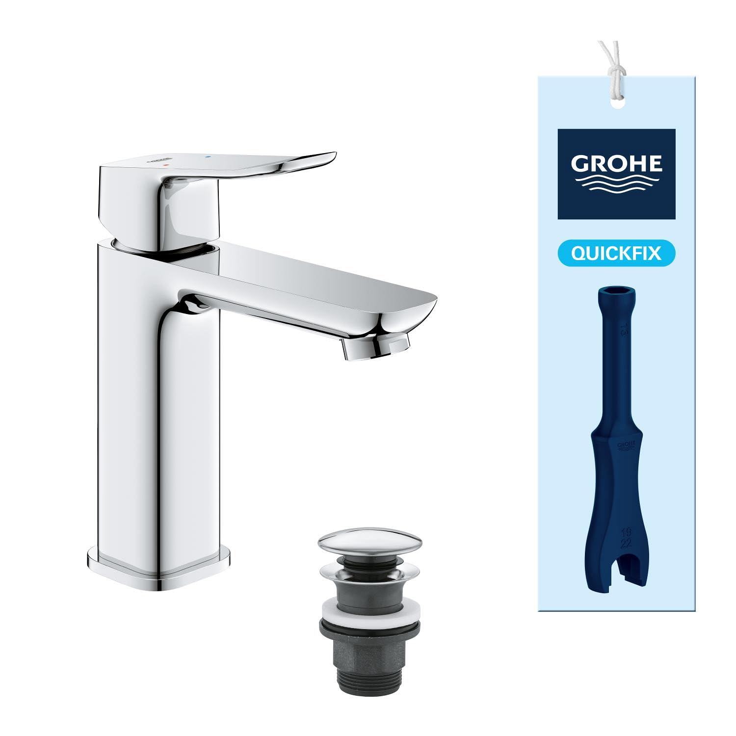 GROHE Dice Grifo Monomando de Lavabo M con Desagüe Push-Open (Cartucho Cerámico 28 mm, Ahorro de Agua, Conexiones 3/8", Fácil de Instalar QuickTool Incluido), Cromado, 1018330000