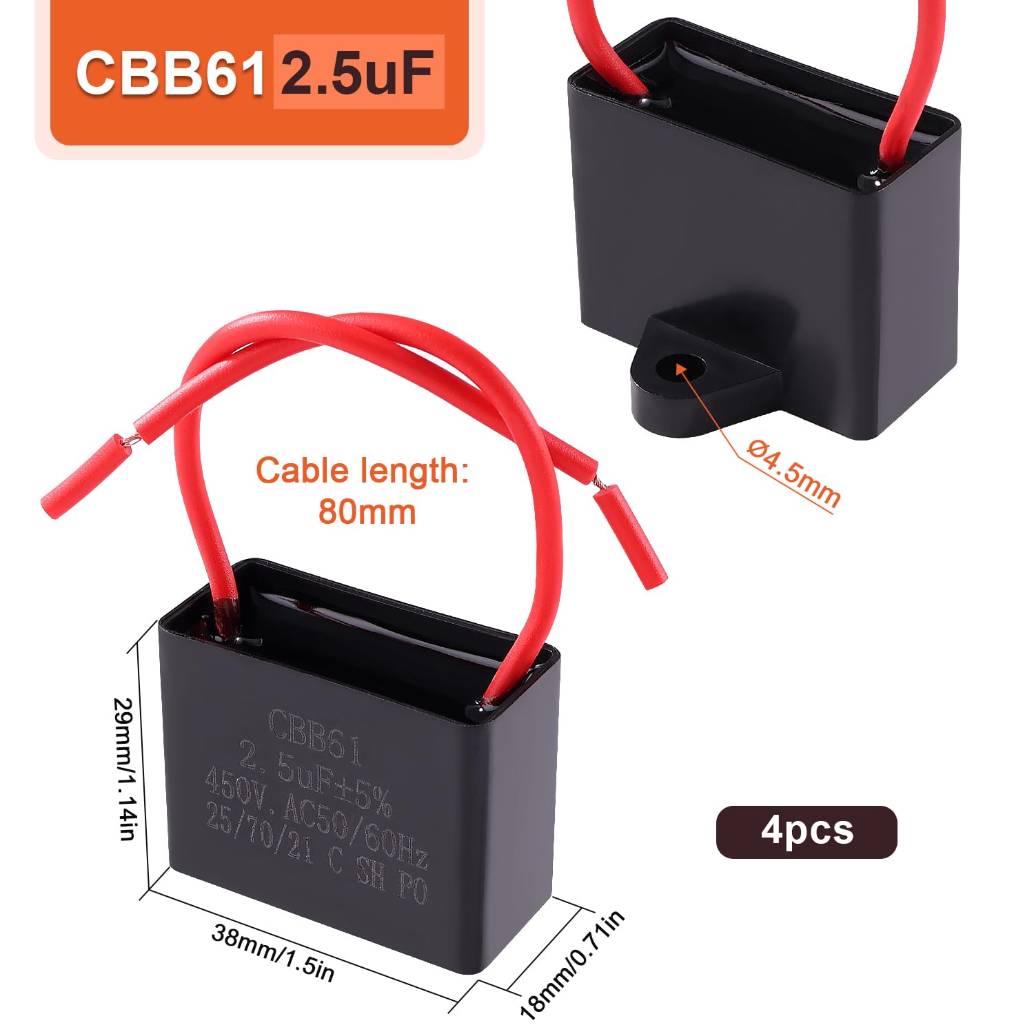 4 Pezzi CBB61 2.5uF 450V AC 50/60Hz Soffitto Ventilatore Condensatore con 2 Fili, Condensatore del Motore del Ventilatore del Condizionatore d'Aria