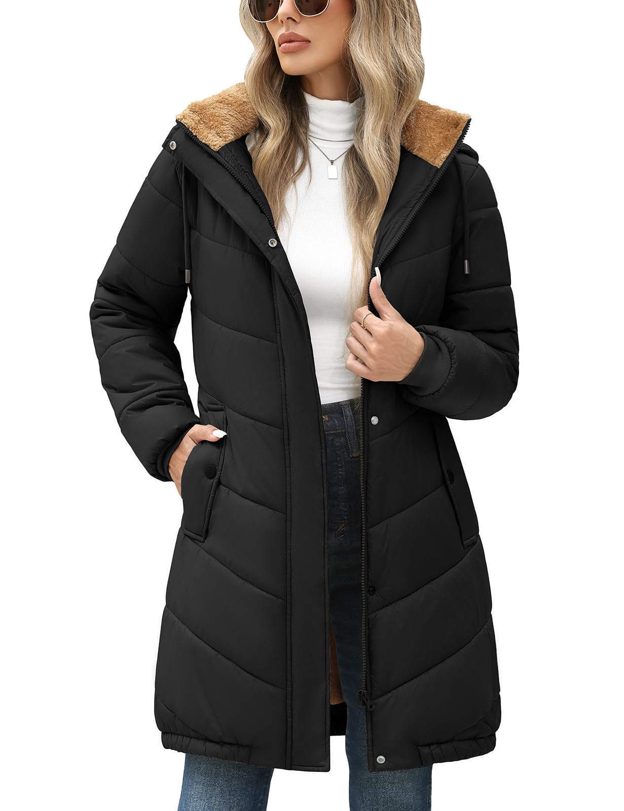 Winterjacke Damen Lang Fleece Gefüttert Steppmantel mit Kapuze Warm Parka Damen-Jacken Puffer Mantel Herbst Winter Hooded Jacket Kapuzenjacke Wintermantel mit Taschen