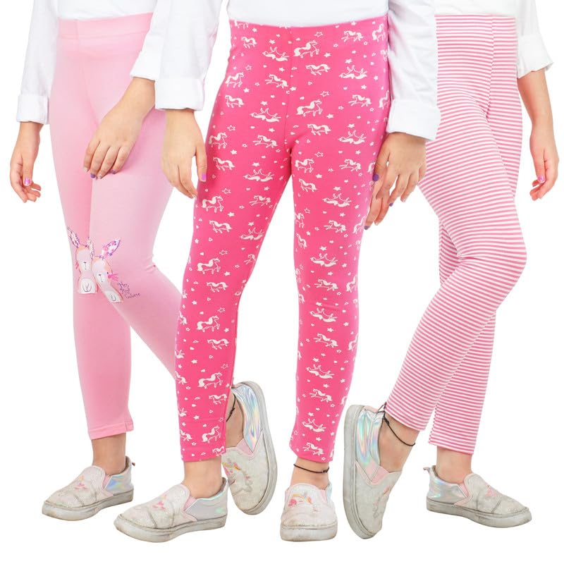 Image of Real Basics Girls Cotton Printed Non-Transparent Regular Fit Ankle Length Leggings (3 Leggings Set)
